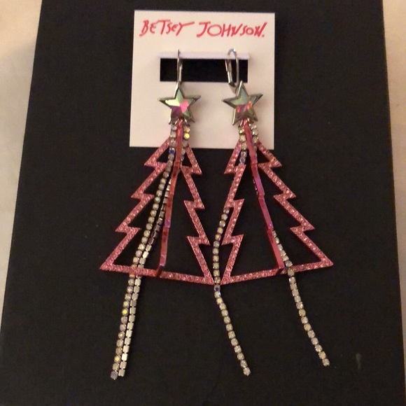 Betsey Johnson Silver Tone & Pink Metal Christmas Tree Drop Earrings Fringe NWT - Picture 3 of 13